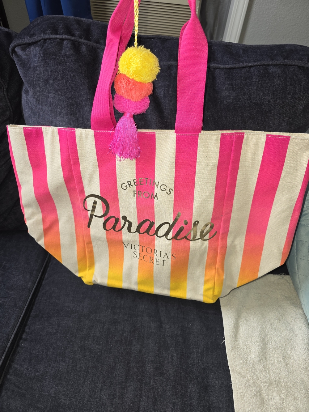 Victoria's Secret Pink, Yellow & Orange Stripe Canvas Tote with Pom-Pom